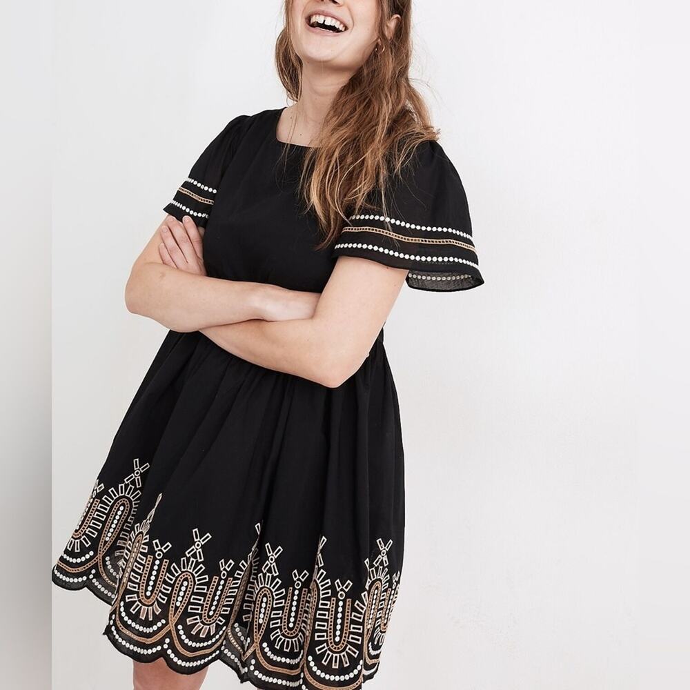 Madewell Embroidered Babydoll Mini Dress Puff Sleeve Black Short Sleeve SM $138
